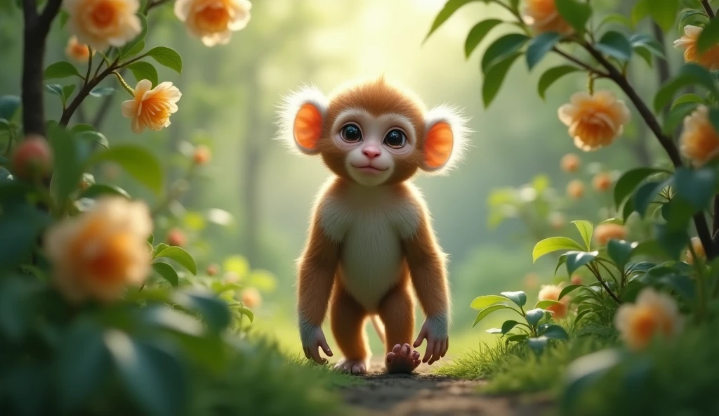 Front view，There is a monkey with white ears standing and walking in the osmanthus forest，（best quality，4K，8k，High level，masterpiece：1.2），Ultra Detailed，（lifelike，Photo real，Photo real：1.37）