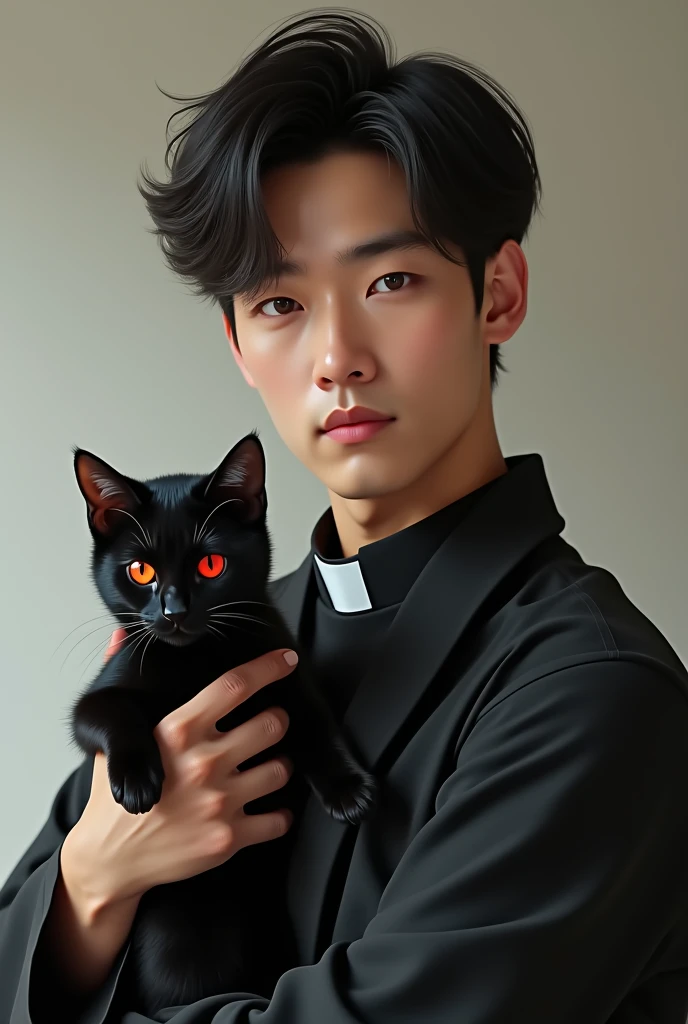 Create a realistic photo of a charismatic, cute, innocent but mature looking and handsome filipino-korean seminarian holding a red eye black cat. I will use it as a cover in my novel about a boys love story of a seminarian and vampire.