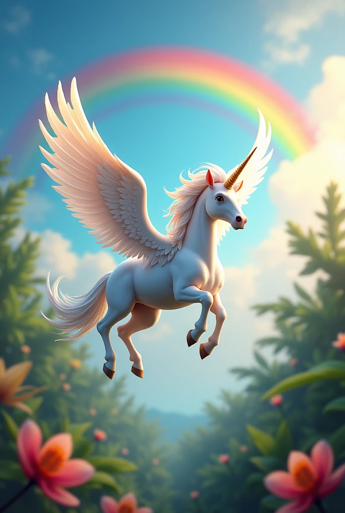 Beautiful unicorn with wings from Venezuela and a rainbow in the sky 