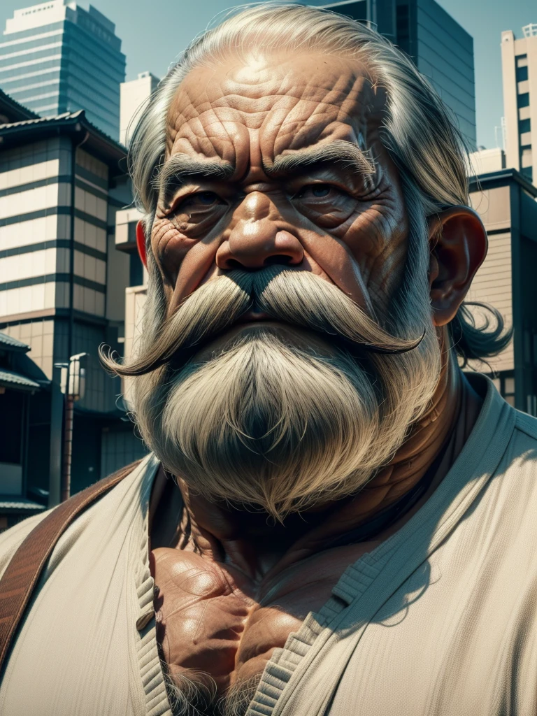 a muscular old man with a thick mustache and long beard, (Japanese man:1.3), wearing a shirt, tie, standing in a city background, (best quality,4k,8k,highres,masterpiece:1.2),ultra-detailed, realistic, photorealistic, semirealistic,detailed wrinkles,detailed facial features,detailed texture, half body, halfbody