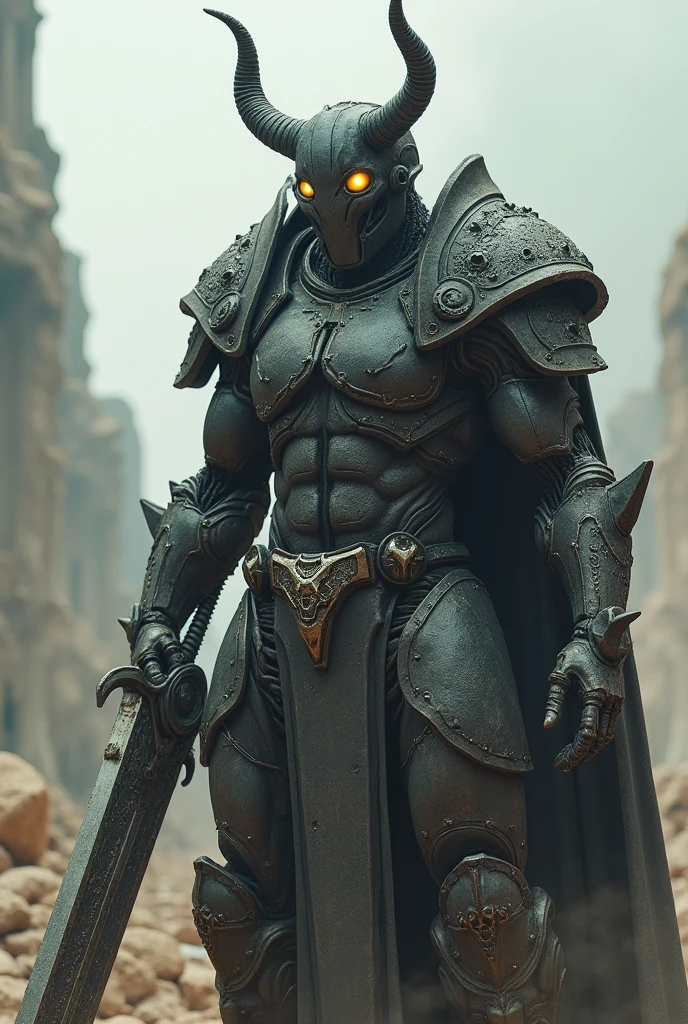 Imagine a two-meter humanoid with legs made of a mixture of flesh and metal making it look like armor that covers its entire body including its face that does not seem to have visible features since it seems to be covered by a helmet with only two luminous points where its eyes should be.,On the part of its skull it has horns making it look like a crown.He is serious and reserved.He has no clothes as practically his entire body is covered by his techno-organic skin similar to a black comor armor mixed with gray..He always carries a sword with engravings on its blade that faintly mock.He has the ability to control the cone energy that he channels into his sword to attack..He lives in a ruined world without many resources that is in constant war. He is a warrior who only fights to survive.