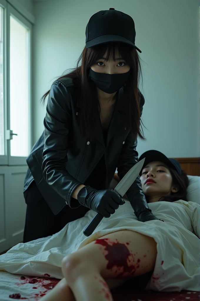 korean girl, (behind stiff, holding knife), stabbing, black surgical mask, black gloves, white room, leather jaket, trucker hat, holding knife, black gloves, woman on top, behind cadaver, blood splatter, on the bed, looking at viewer, mass murderer, killer, low ponytail, blood splatter, atmospheric realistic, light from the window,
