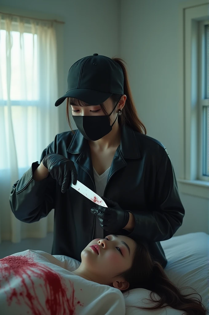 korean girl, (behind stiff, holding knife), stabbing, black surgical mask, black gloves, white room, leather jaket, trucker hat, holding knife, black gloves, woman on top, behind cadaver, blood splatter, on the bed, looking at viewer, mass murderer, killer, low ponytail, blood splatter, atmospheric realistic, light from the window,