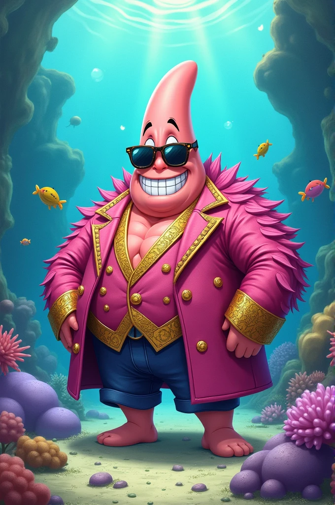 Generate an image of Patrick dressed as donquite doflamingo