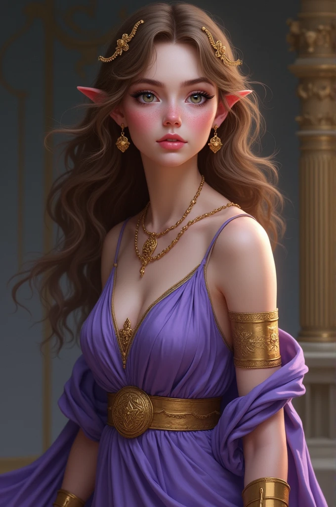 llith Big, curious eyes, light brown hair and purple Greek toga with golden belt and bracelets