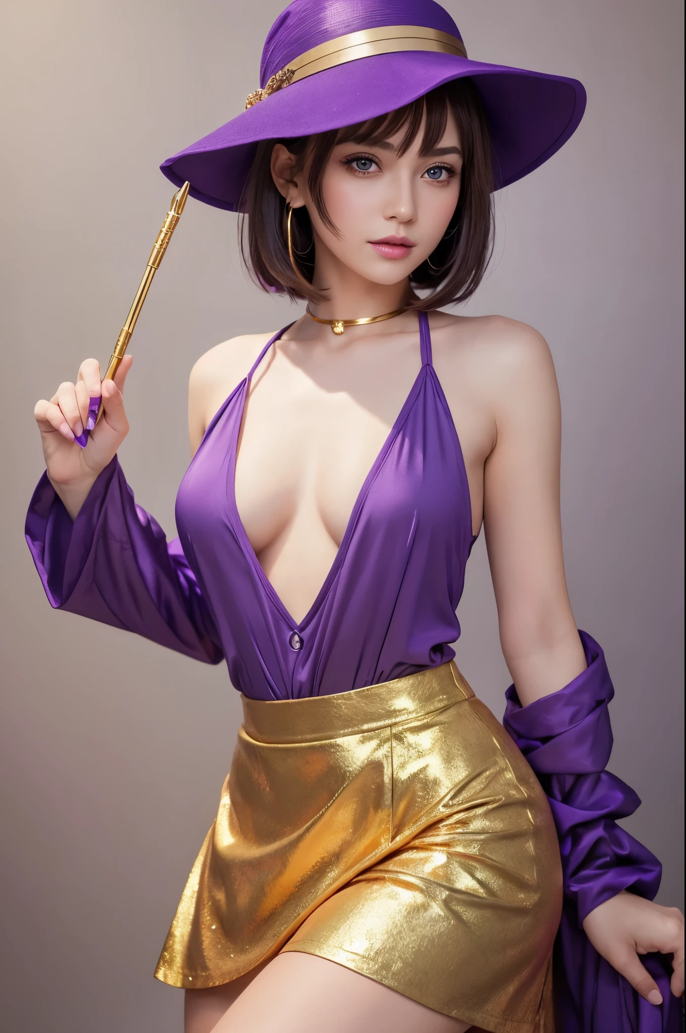 8k,Tag Girl,Goddess in purple outfit and hat holding magic wand, Very beautiful eyes,Golden Eyes,Light Purple Short Bob Hair,purple and gold skirt,small breasted goddess,Very detailed artgerm, ig model | ArtJam, Style ArtJam, Art James&#39; Style, Fan Art Best Art Station, ! Dream ArtJam, ArtJam・ラウ, Concept Art ,Kschaert Krentz Key Art Feminine,Ultra-high resolution,Ultra-Realistic Skin,cute,Highest quality photorealistic RAW photos。Backlight、Cinema Lighting、Film Grain、50mm lens、Nikon D850、Ultra-Realistic Skin、Fantasy art、Character Art、Ultra-high resolution、muscular and slim body、Ultra-Realistic Skin,Perfect hands(Anatomical modeling),