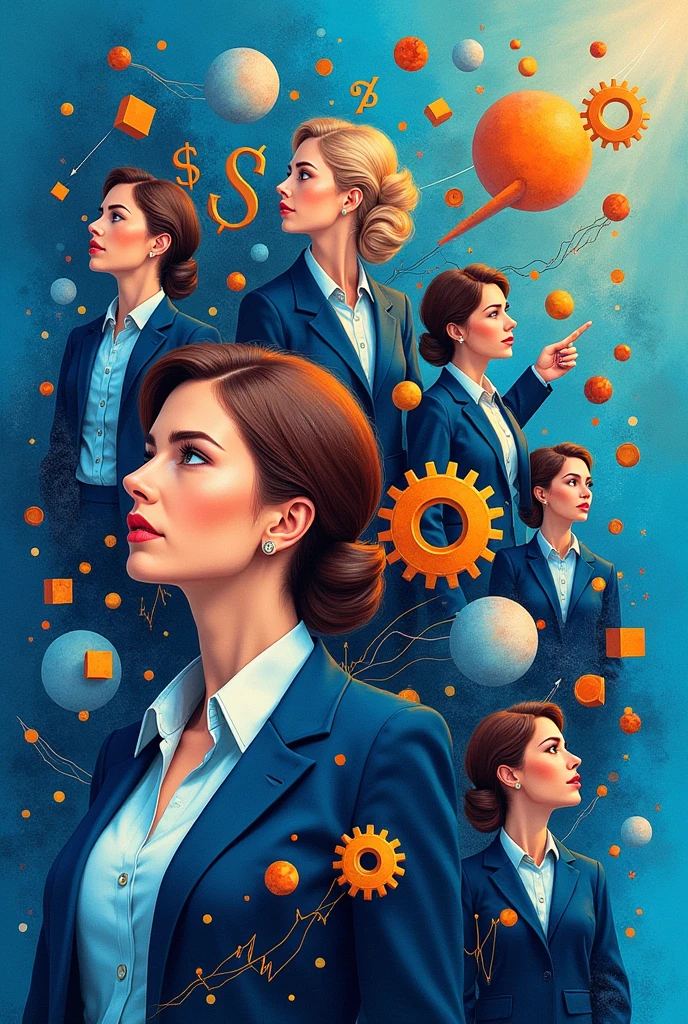 Create three-dimensional gears, circles, and squares, currency, graph lines, and many many businesswomans Wear a dark blue suit images. Using watercolor and mixed media Use bright colors The light source is in the upper right corner,background blue. --ar 2:3