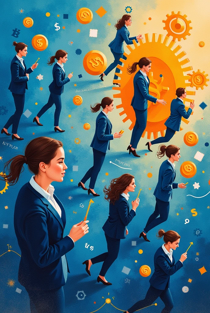 Create three-dimensional gears, circles, and squares, currency, graph lines, and many many businesswomans Wear a dark blue suit images. Using watercolor and mixed media Use bright colors The light source is in the upper right corner,background blue. --ar 2:3