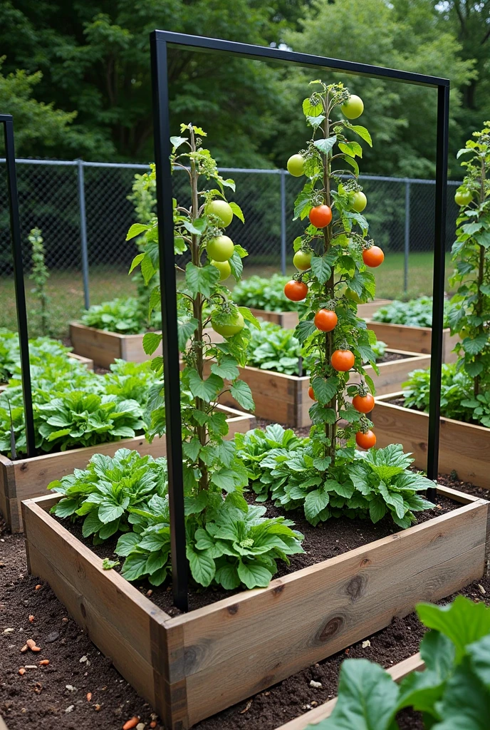 A raised bed garden made out of wood that’s fenced in with black chain-link fence with trellises connecting the raised beds with pumpkins tomatoes, and watermelon on trellises. Also cabbage, carrots, lettuce, and others.