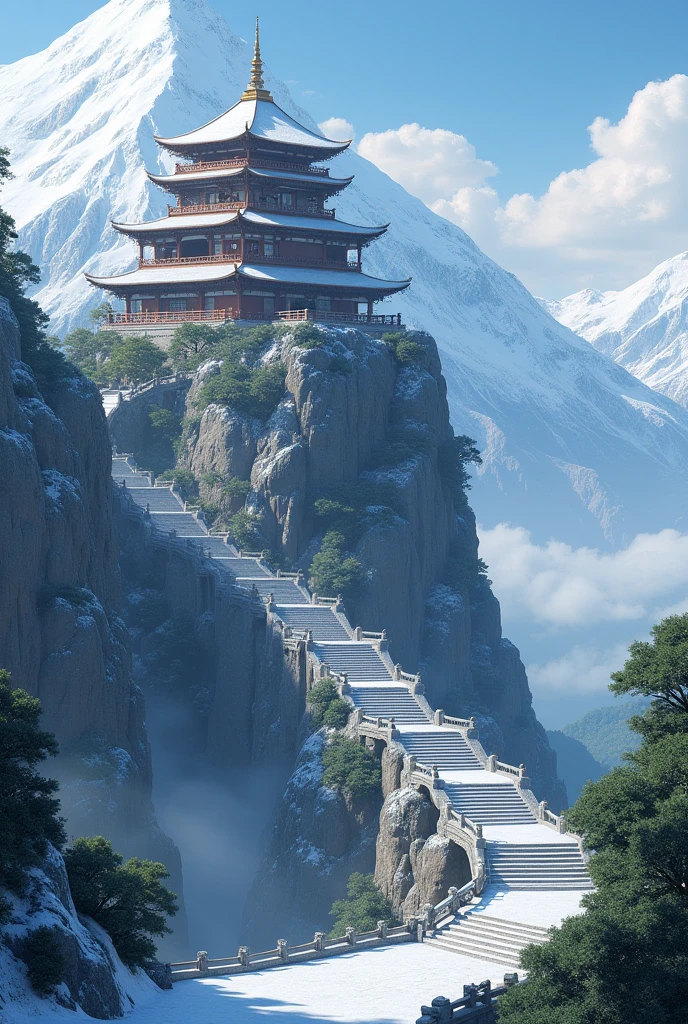 Grand, haut et magnifique palais japonais avec un escalier qui descend jusqu'au bas de la montagne, sur une montagne enneigées. Style Photorealiste