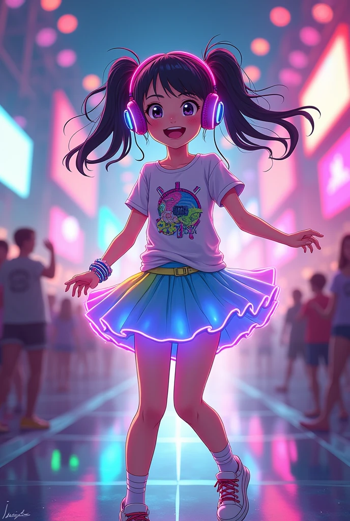Create an anime-style character of a young girl with an EDM (Electronic Dance Music) theme. She should have a fun and energetic appearance, reflecting the lively spirit of EDM. Dress her in a playful, colorful outfit with neon accents, such as a light-up tutu, glowing sneakers, and a bright, graphic t-shirt featuring abstract or musical patterns. Her hair can be styled in playful pigtails or a high ponytail with neon-colored streaks or clips. Add accessories like LED headphones or a glowing bracelet. The background can feature elements of a vibrant EDM festival, such as colorful lights, soundwave patterns, or a dance floor. The overall vibe should be cheerful, dynamic, and full of youthful energy