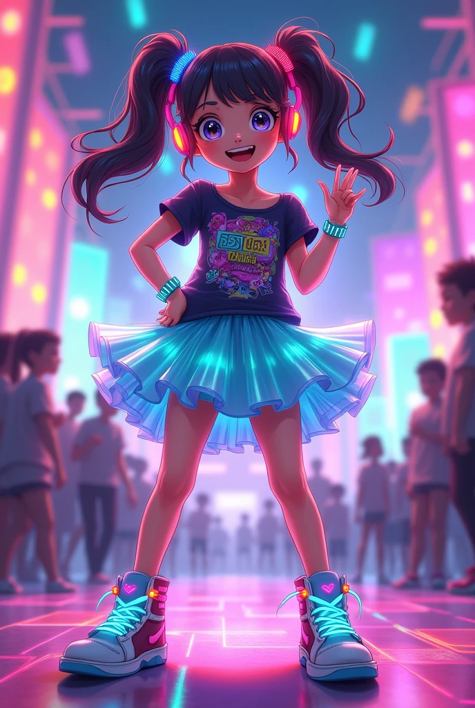 Create an anime-style character of a young girl with an EDM (Electronic Dance Music) theme. She should have a fun and energetic appearance, reflecting the lively spirit of EDM. Dress her in a playful, colorful outfit with neon accents, such as a light-up tutu, glowing sneakers, and a bright, graphic t-shirt featuring abstract or musical patterns. Her hair can be styled in playful pigtails or a high ponytail with neon-colored streaks or clips. Add accessories like LED headphones or a glowing bracelet. The background can feature elements of a vibrant EDM festival, such as colorful lights, soundwave patterns, or a dance floor. The overall vibe should be cheerful, dynamic, and full of youthful energy