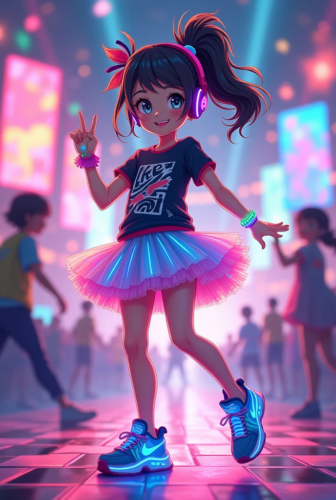 Create an anime-style character of a young girl with an EDM (Electronic Dance Music) theme. She should have a fun and energetic appearance, reflecting the lively spirit of EDM. Dress her in a playful, colorful outfit with neon accents, such as a light-up tutu, glowing sneakers, and a bright, graphic t-shirt featuring abstract or musical patterns. Her hair can be styled in playful pigtails or a high ponytail with neon-colored streaks or clips. Add accessories like LED headphones or a glowing bracelet. The background can feature elements of a vibrant EDM festival, such as colorful lights, soundwave patterns, or a dance floor. The overall vibe should be cheerful, dynamic, and full of youthful energy