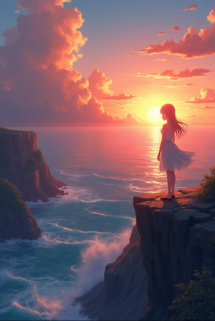 anime girl standing on a cliff overlooking the ocean at sunset, watching the sun set. anime, anime. soft lighting, 4k anime wallpaper, anime girl desktop background, hd anime wallaper, anime wallpaper 8k, anime wallpaper 8k, hd anime wallpaper, beautiful anime portrait, realistic anime artstyle, anime beautiful peace scene, anime wallaper, anime wallpaper