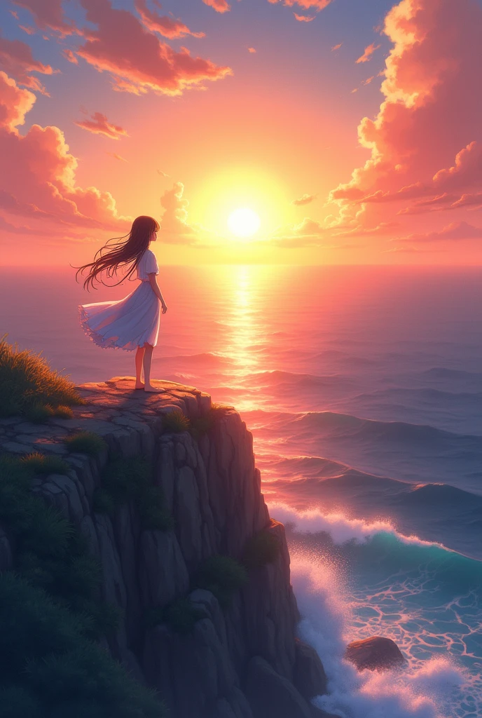 anime girl standing on a cliff overlooking the ocean at sunset, watching the sun set. anime, anime. soft lighting, 4k anime wallpaper, anime girl desktop background, hd anime wallaper, anime wallpaper 8k, anime wallpaper 8k, hd anime wallpaper, beautiful anime portrait, realistic anime artstyle, anime beautiful peace scene, anime wallaper, anime wallpaper