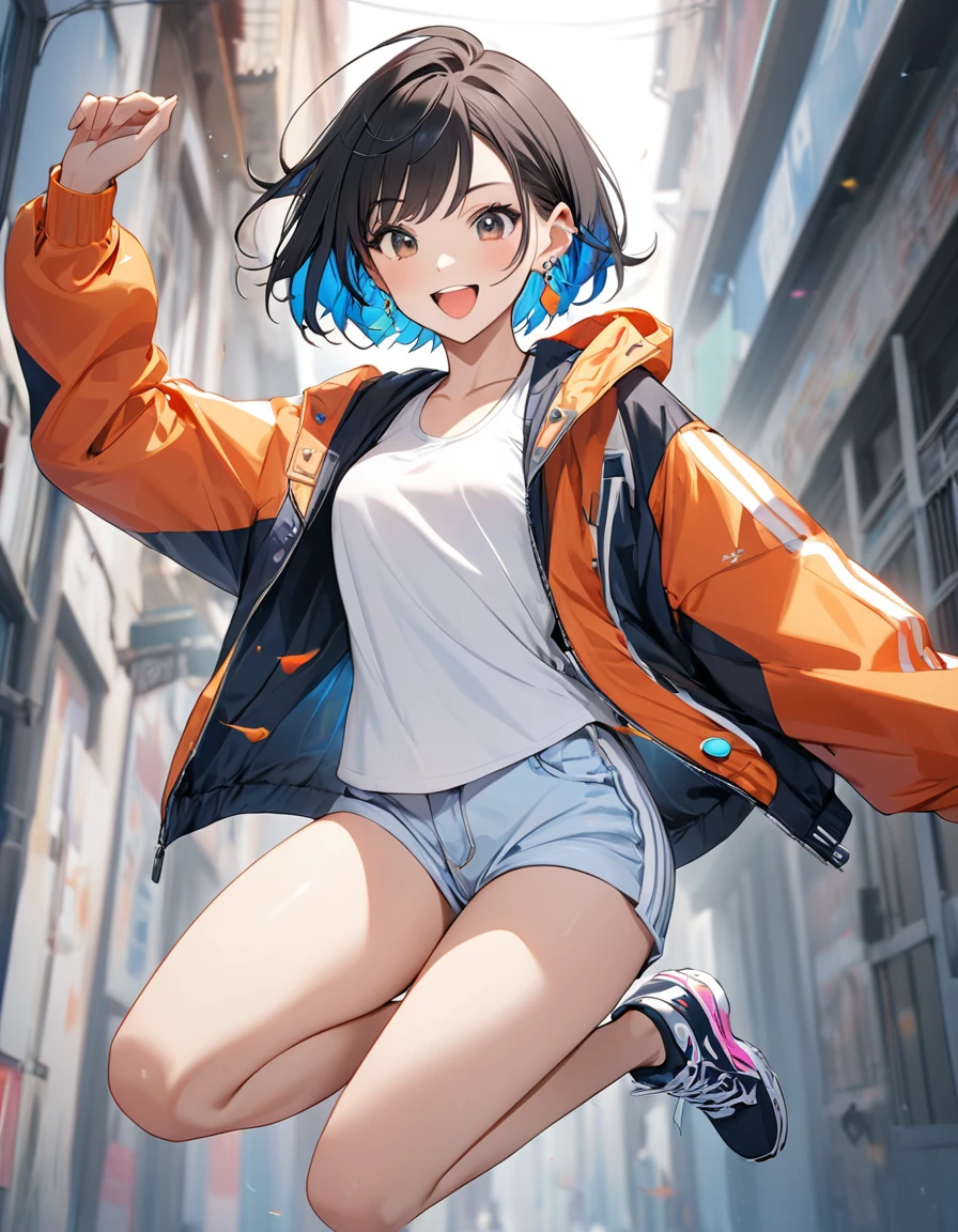 1girl, best quality, beautiful, short hair, 8K, act cool pose, jump, happy, jacket, white tanktop inside, earrings, perfect body, concept, full color