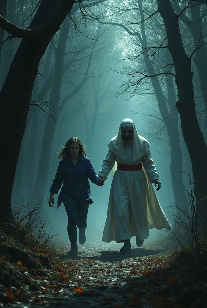 a scary nun running after a man in blue clothes and a BLACK woman running with him holding hands in the woods and a BLACK man in a white suit and a white and red hat standing in front of the nun