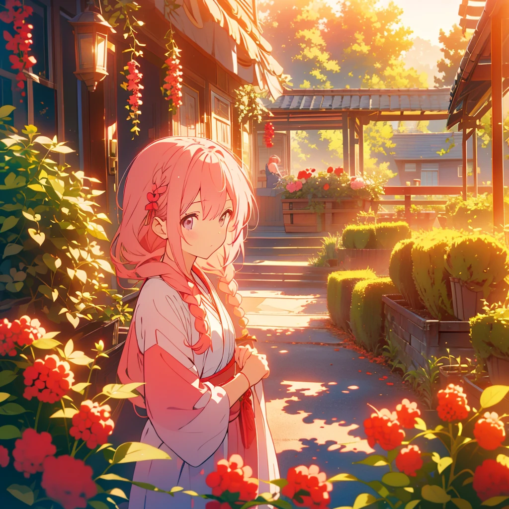 Red currant、Light pink hair girl、Bad mood、Morning sunshine、garden