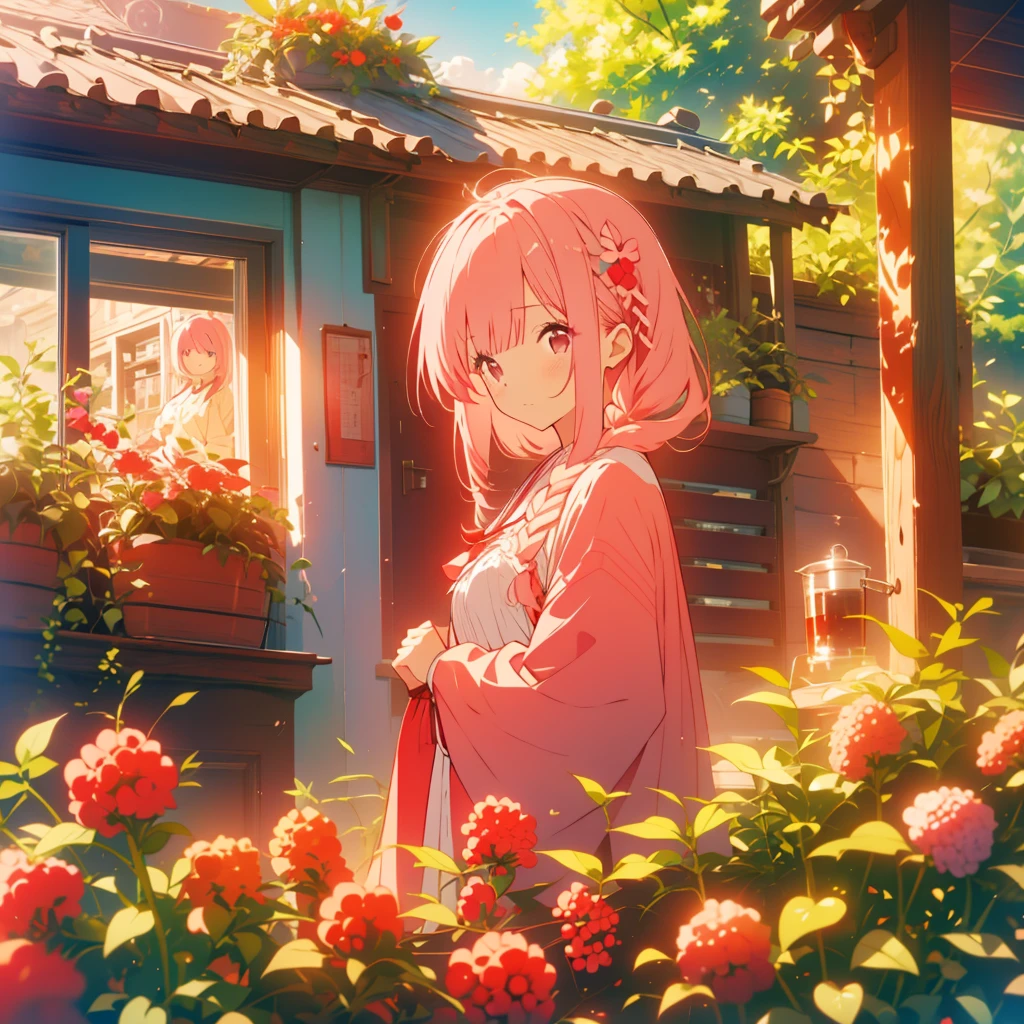 Red currant、Light pink hair girl、Bad mood、Morning sunshine、garden