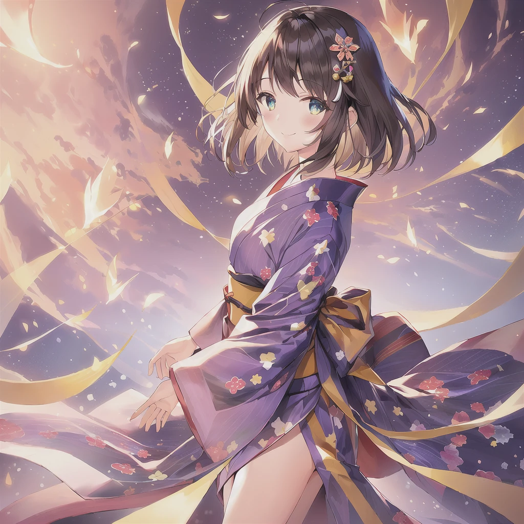 Flat avatar, One girl, alone, smile, hair ornaments, Brown short hair, Simple Background, whole body, Little, yukata