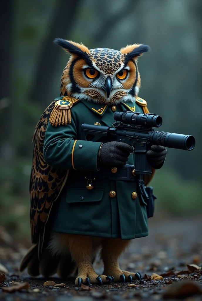 Owl dressed as a military man with a large night vision scope