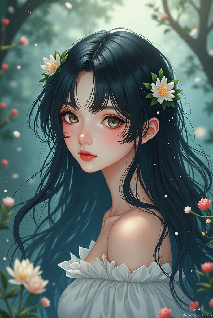 Very pretty girl, very beautiful and long hair, small mouth and small extraordinary nose living in a magical world like in an amine drawing