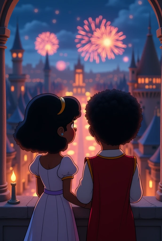 A king and a queen, both being black with curly hair, the woman being chubby and short with shoulder length hair in the dark, looking down from a castle at a city setting off fireworks in the old Disney style please