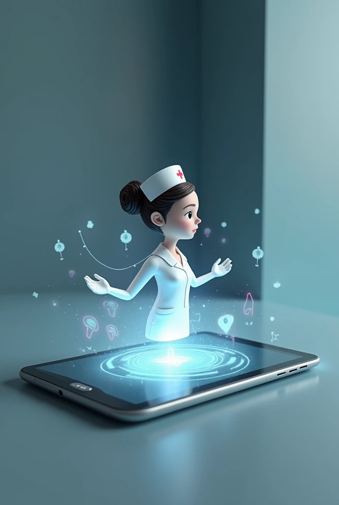 Realistic 3d image of a tablet with a hologram of a nursing cap and lamp coming out. The nurse must wear a modern cap and a bun as her hairstyle..