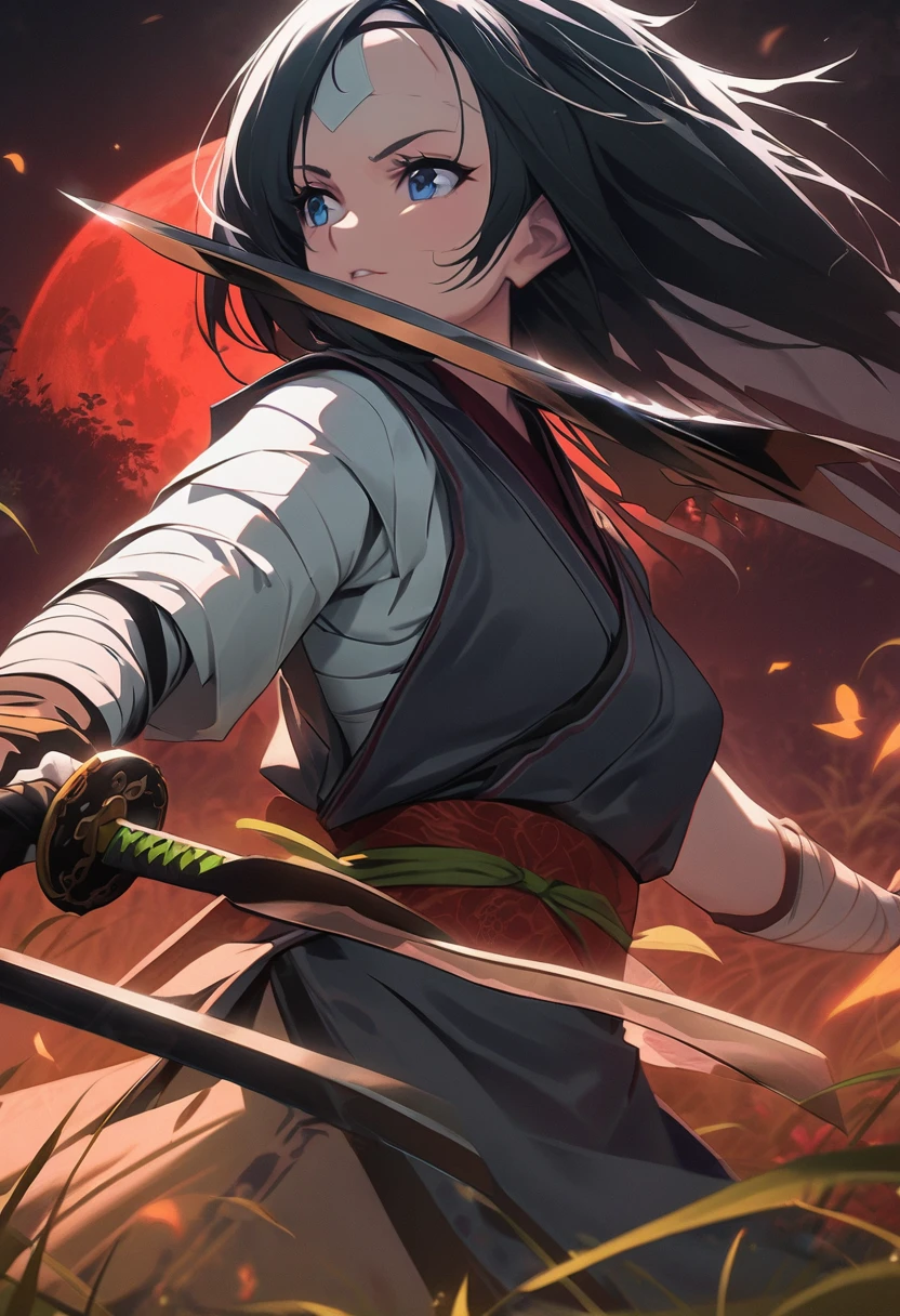 Ninja girl anime from feudal Japan, (((forehead bandaged))), close up, Holding a katana sword in front of the red moon, urban samurai, Anthem game inspiration, epic picture, Era, Inspired by ESAO, Amazing screensaver, blade of grass, Soft shade, Ian Callum •, love of wisdom, clean graphic design, exit: Jansen River, Great character
