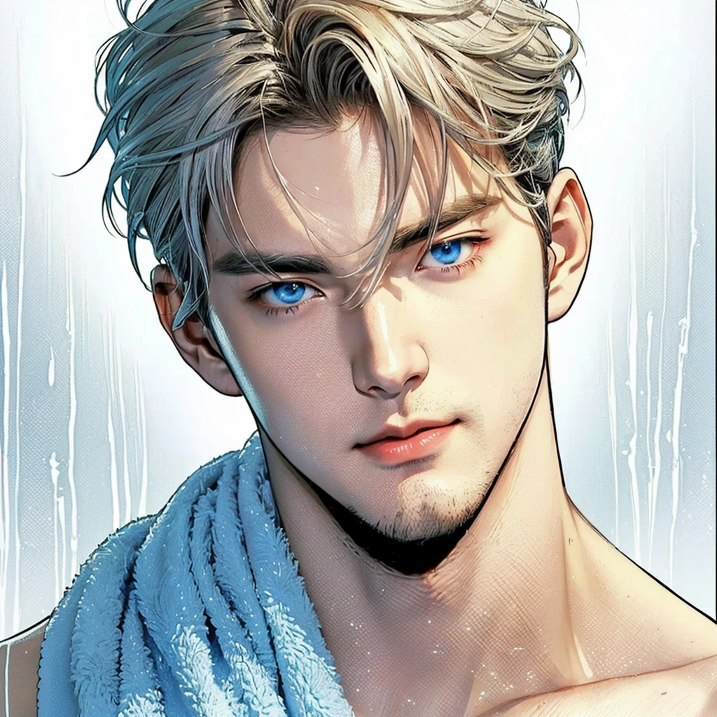 a close up of a man with a towel on his shoulders, anime handsome man, tall anime guy with blue eyes, handsome guy in demon slayer art, anime portrait of a handsome man, sakimichan frank franzzeta, male anime character, xqc, delicate androgynous prince, range murata and artgerm, stanely artgerm