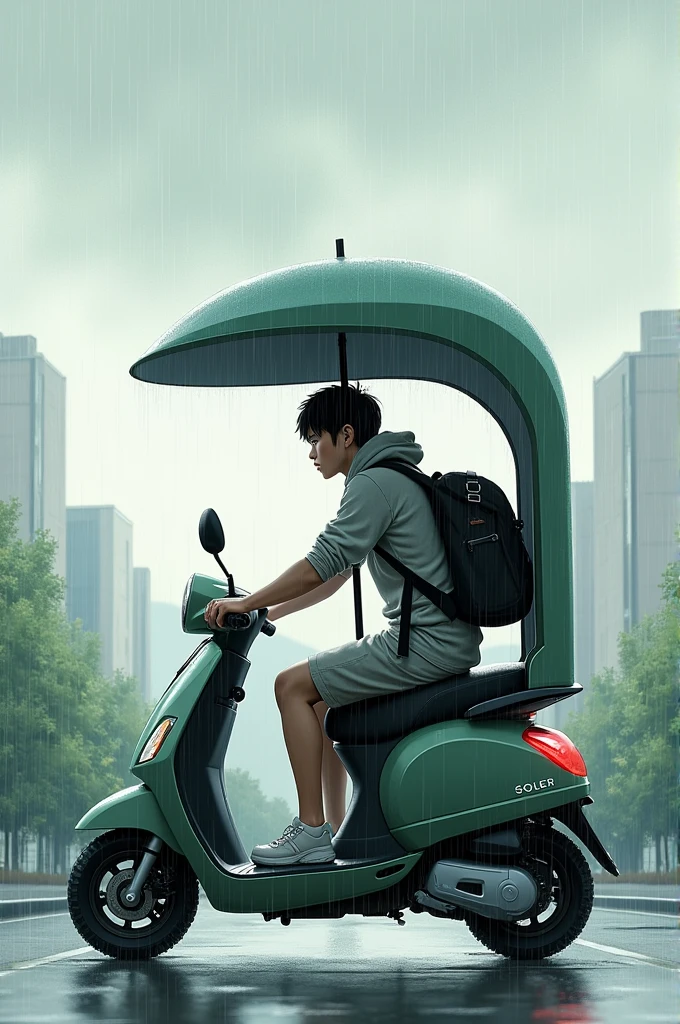 A student sheltered under an umbrella or in a closed cabin while it rains.
Sun protection: A drawing showing a cooling shade or a roof over the student's head.
While using the scooter