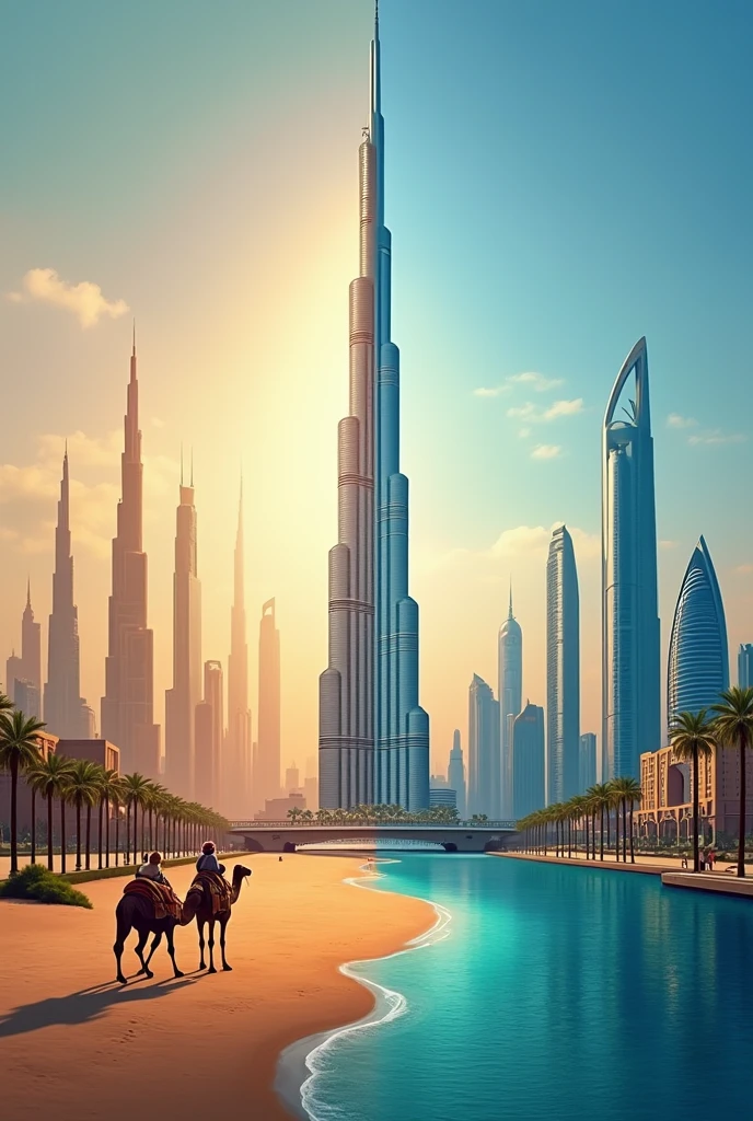 Design a YouTube thumbnail showcasing 'The Evolution of Dubai.' The thumbnail should feature a split-screen concept. On the left side, depict old Dubai with traditional architecture, desert landscapes, and a few camels. On the right side, show modern Dubai with iconic skyscrapers like the Burj Khalifa, luxurious hotels, and futuristic transportation. Use bold, eye-catching text that reads 'The Evolution of Dubai' across the center, with contrasting colors to highlight the transformation. Include a subtle, dynamic background that blends the past and present, emphasizing the city’s incredible growth."