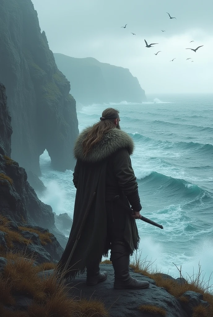 Viking landscape with a Viking with his back to the sea