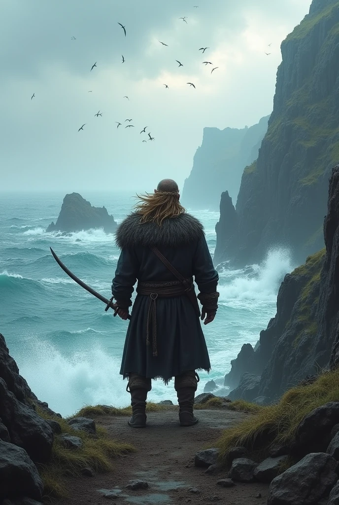 Viking landscape with a Viking with his back to the sea