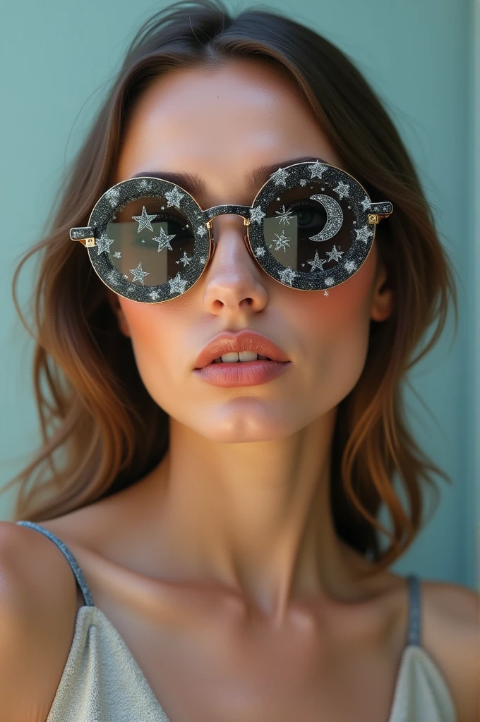 The model is wearing glass sunglasses with stars and the moon on the glass