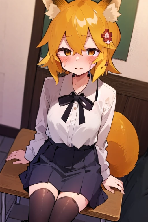 masterpiece, best quality, highly detailed, sen, animal ears, fox ears, fox girl, fox tail, hair flower, hair ornament, orange eyes, orange hair, short hair, tail, blush, looking at viewer, school uniform, brown shoes, sit with legs crossed, glasses, black thighhighs, skirt, blue skirt, sitting on desk, from above, girl, blush, ntrgao, sweat, wet skin, 