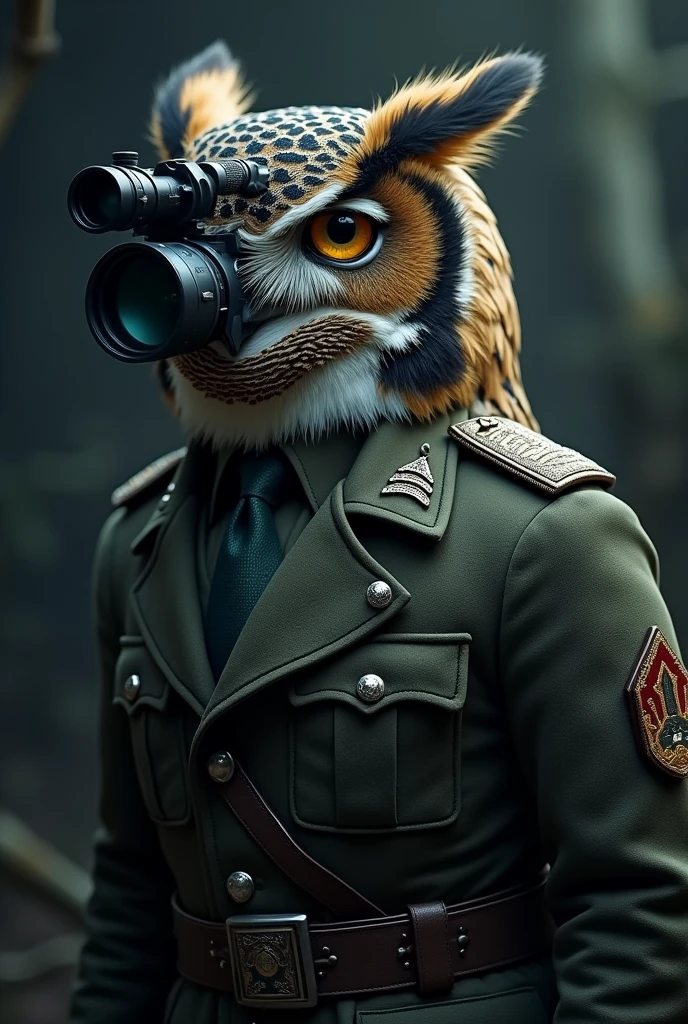 Owl dressed as a military man with a night vision scope  