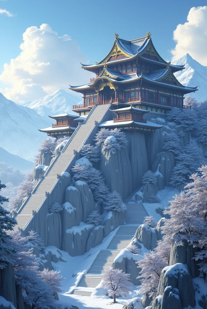 Grand, haut et magnifique palais royale japonais avec un escalier qui descend jusqu'au bas de la montagne, sur une montagne enneigées. Style Photorealiste