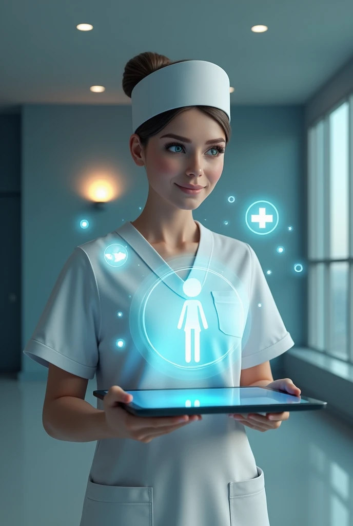Realistic 3d image of a tablet with a hologram of a nursing cap and lamp coming out. The nurse must wear a modern cap and a bun as her hairstyle..
