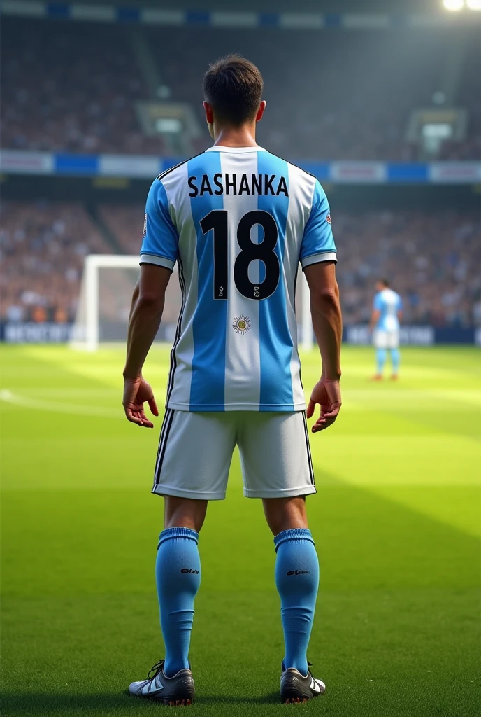 A footballer guy standing to take a free kick like Messi in an Argentine jersey with the name SASHANKA on the back of his jersey
Standing by showing back