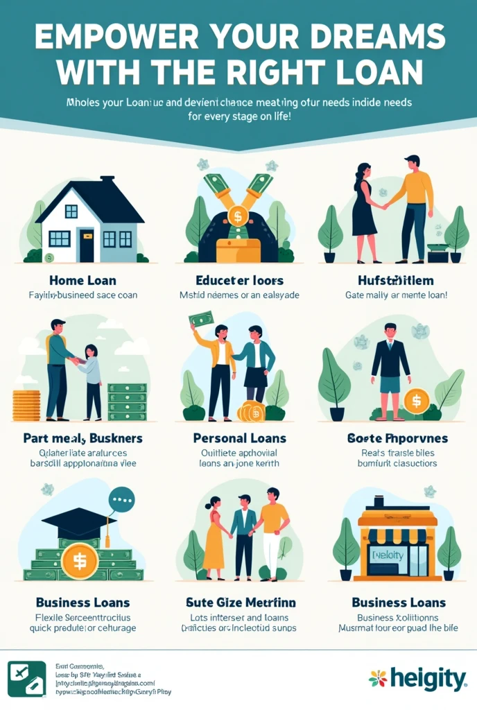 Design a professional and eye-catching poster that promotes a variety of loan products, including home loans, mortgage loans, education loans, personal loans, and business loans. The poster should have a clear and organized layout that is visually appealing and easy to understand.Layout & Design:Start with a compelling headline at the top like ‘Empower Your Dreams with the Right Loan!’ or ‘Flexible Loans for Every Stage of Life.’Use distinct icons or simple illustrations for each type of loan: a house for home loans, a graduation cap for education loans, a stack of cash for personal loans, and a briefcase or small business storefront for business loans.Each loan type should have a dedicated section with a brief description of key benefits, such as ‘Low Interest Rates,’ ‘Flexible Repayment Terms,’ ‘Quick Approvals,’ and ‘Tailored Solutions.’Color Scheme:Opt for a color palette that conveys professionalism and trust, such as blues, greens, and whites. Highlight important information with accent colors like orange or yellow to catch the viewer's attention.Call to Action:Include a prominent call-to-action near the bottom of the poster, such as ‘Apply Now!’ or ‘Get Started Today,’ with contact information, website details, and a QR code for easy online applications.Imagery:Use high-quality images that represent each loan category. For example, include imagery of a family in front of a new home, a student graduating, or a thriving small business to visually communicate the purpose of each loan.
