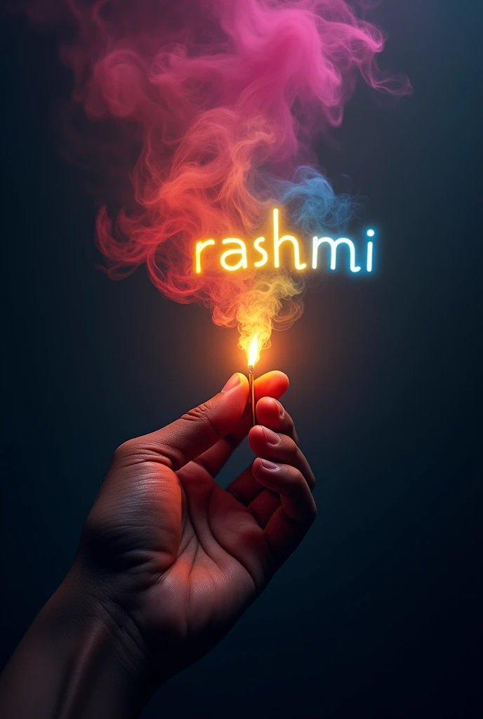 Dark and mysterious tone background with a central light that is created from a lit match with a beautiful flame. One hand is holding the match, details of the hand are visible. The smoke that emanates from the match is dense and colourful, transforming into letters that float in the air. The letters "Rashmi" are made up of smoke in vibrant colors such as RED, YELLOW, BLUE, PINK.the background of image is dark, making the colors of the smoke even more prominent.