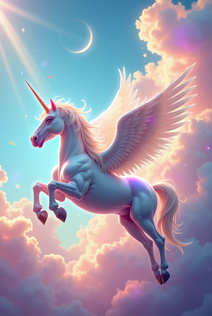 Beautiful unicorn with wings and a rainbow in the sky