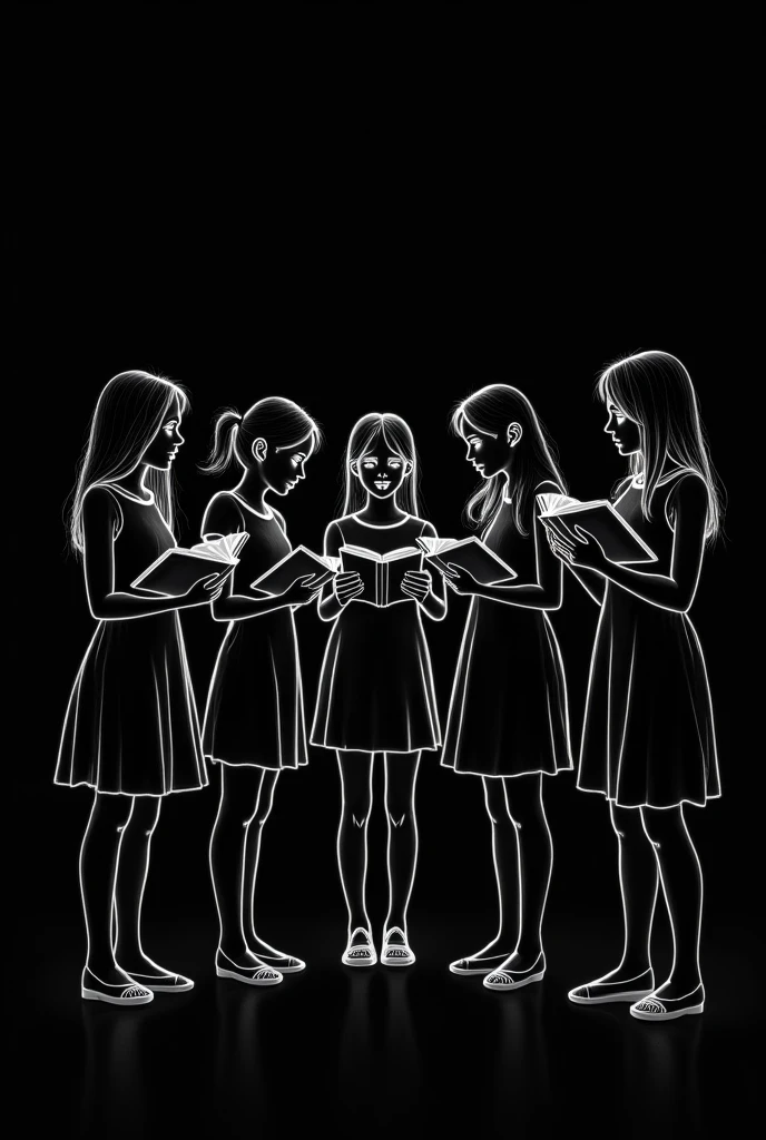 Black Background white colour line art for girls group Heand havea book