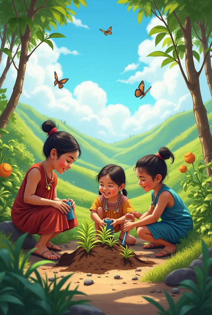 Create an image of children planting plants and caring for the environment with animals that is related to Pachamama 