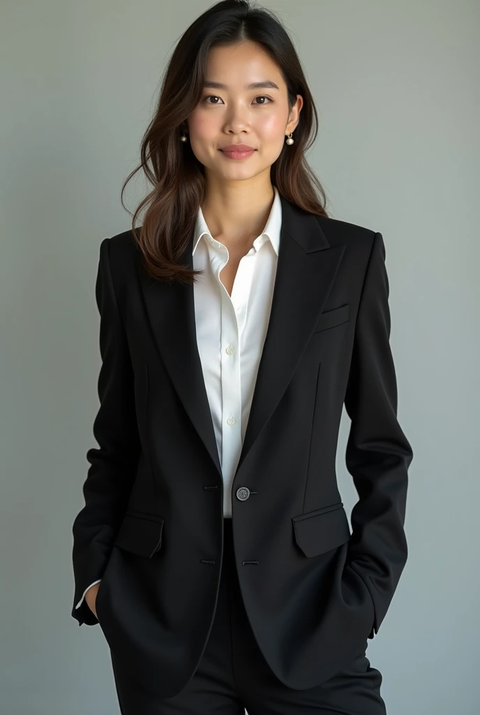 Make my photo in formal dress with well groomed look include blazer