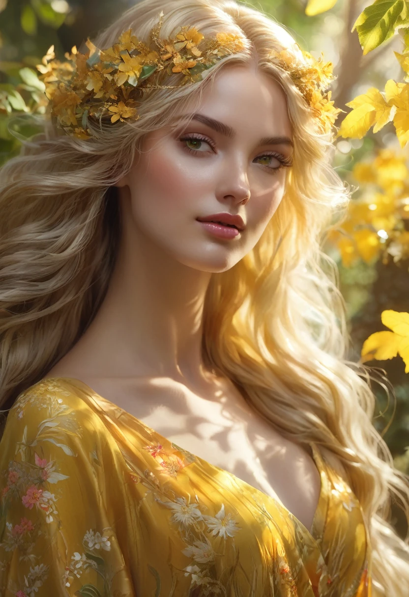 A woman, radiant and graceful, she embodies the spirit of nature, she has delicate elf-like features, long flowing golden hair that cascades like sunlight through the leaves, (((a woman with long golden hair 1.75)))(((extremely beautiful))), perfect, sun-kissed skin, standing in a serene, sun-dappled glade at dawn with soft golden light filtering through the trees, warm and luminous palette, a flowing, form-fitting yellow dress adorned with intricate floral patterns, amber eyes that sparkle with wisdom and warmth, 8K, ethereal and statuesque, extremely detailed, (high quality, realistic, photorealistic: 1.37), ideal proportions and defined, glowing skin, meticulously crafted features, unapproachable beauty, perfection, artistic art, vivid realism, hyper-detailed sculpting, realistic shapes, truly inspiring, impeccable craftsmanship, pure brilliance, ethereal beauty, delicate contours, striking poses, sublime beauty, subtle nuances, dynamic compositions, vibrant colors, perfect lighting, serene expressions, heavenly aura, majestic presence, dreamlike atmosphere, unmatched detailed high octane rendering trending on artstation, 8k art photography, photorealistic concept art, cinematic volumetric soft natural light, chiaroscuro, award-winning photography, fine art, oil on canvas, beautiful, detailed, intricate, serene