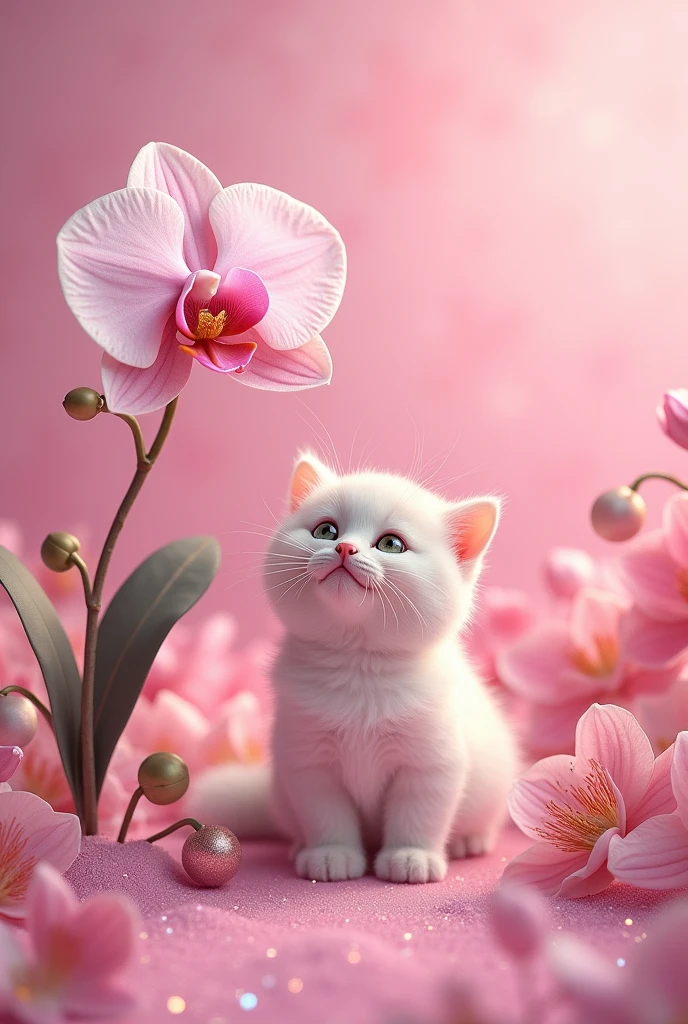 An orchid flower with a kitten that has a pink background with glitter and flowers and that says a pretty entrepreneur with a beautiful heart