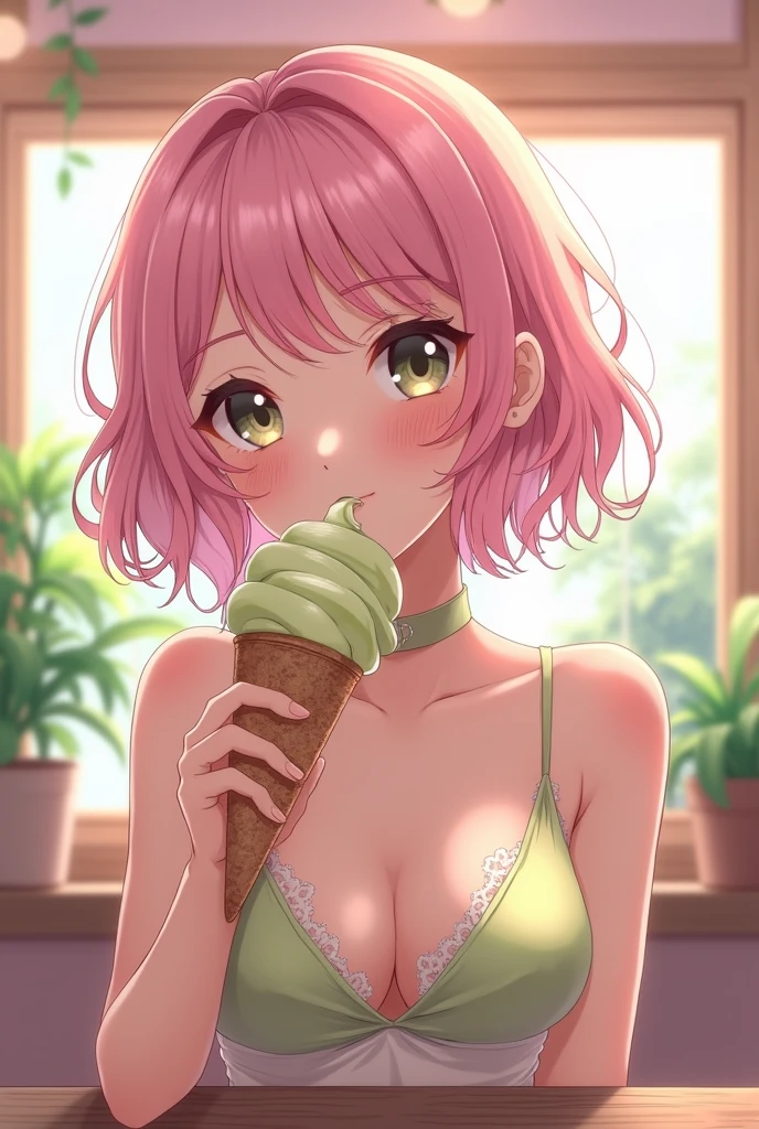 Anime cute gamer girl with bangs and light pink hair and matcha colored highlights eating gelato seductively