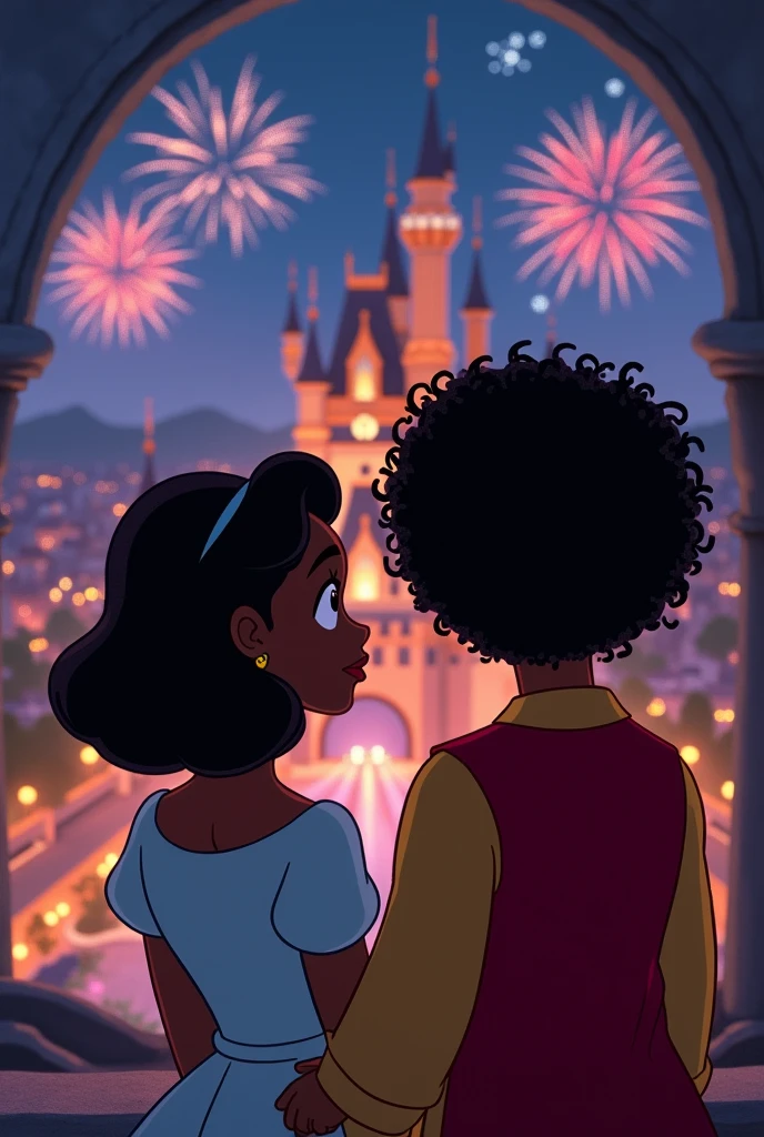 A king and a queen, both being black with curly hair, the woman being chubby and short with shoulder length hair in the dark, looking down from a castle at a city setting off fireworks in the old Disney style please
